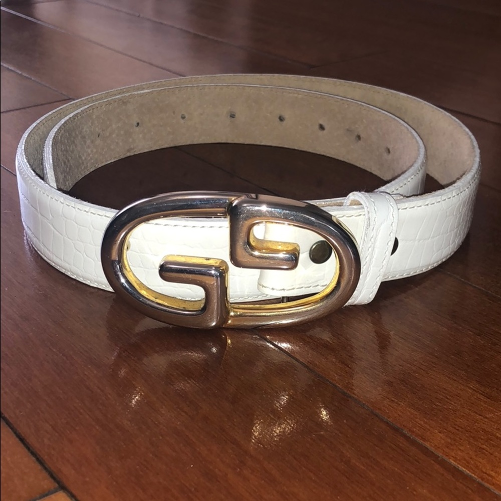 Vintage Gucci Belt Buckle on a white crocodile leather belt